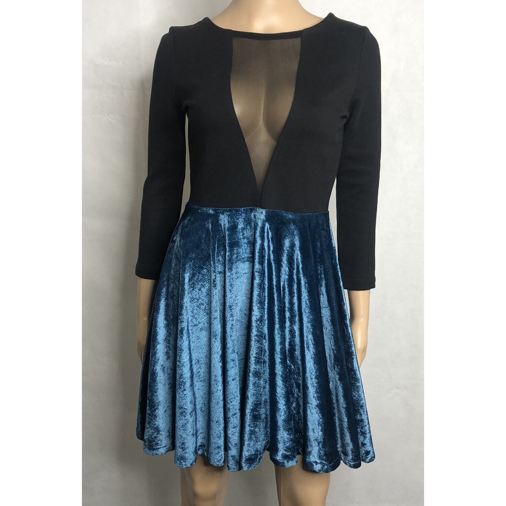 Syn Dress Womens S Metallic Blue V-Neck Velvet Mesh Romantic Goth Grunge